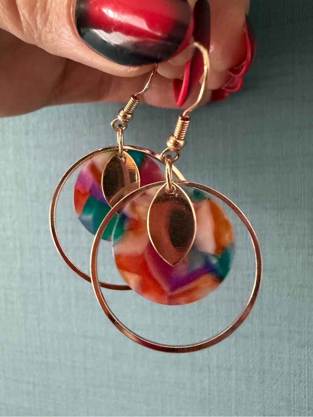 Gold-Tone Multicolor Earrings & Layered Marble Pendant Necklace Matching Set